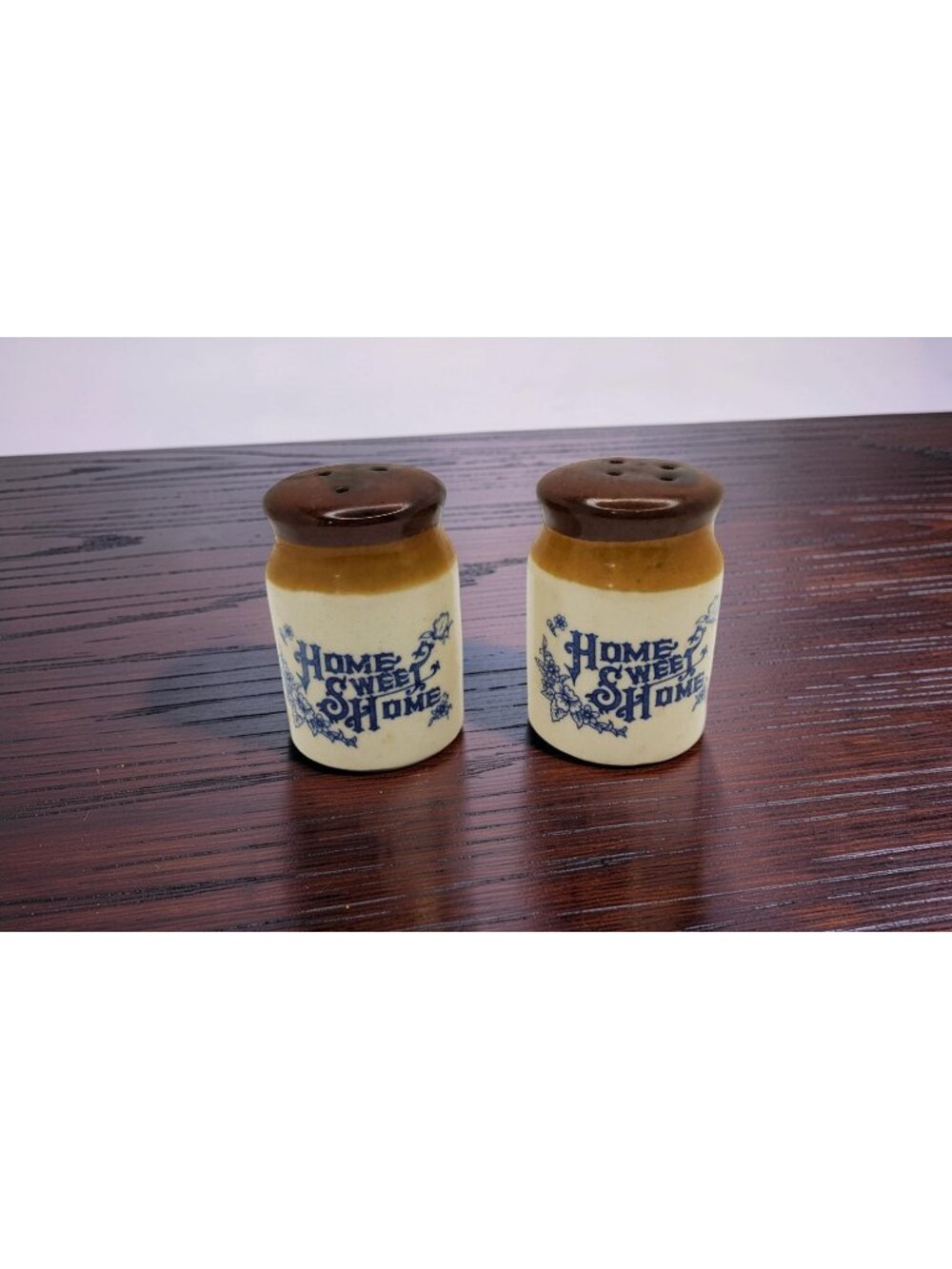 vintage home sweet home stoneware salt and pepper shakers.